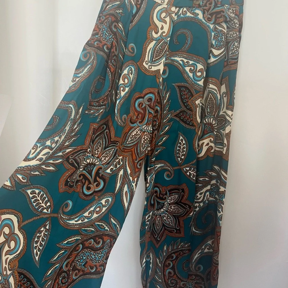 FARM Rio Teal & Brown Paisley Wide-Leg Palazzo Pants - Picture 6 of 13